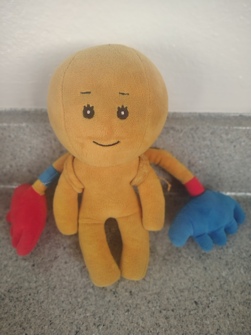 Plush Kids Toy Doll in Mustard with Red and Blue Hands